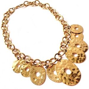 Gold Hammered Oval Charm Bib Cable Chain Link Necklace 24”